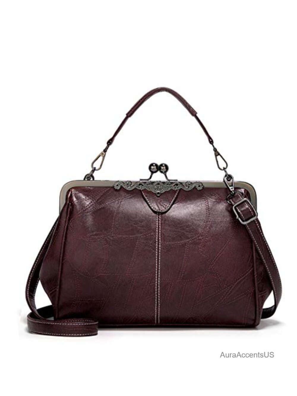 Vintage Retro Oil Wax PU Leather Handbag Kiss Lock Crossbody Messenger Tote